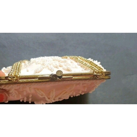 Vintage Beaded Purse Handbag Satin Beige Gold Chain Handmade Glam 1950s Style - Picture 12 of 13